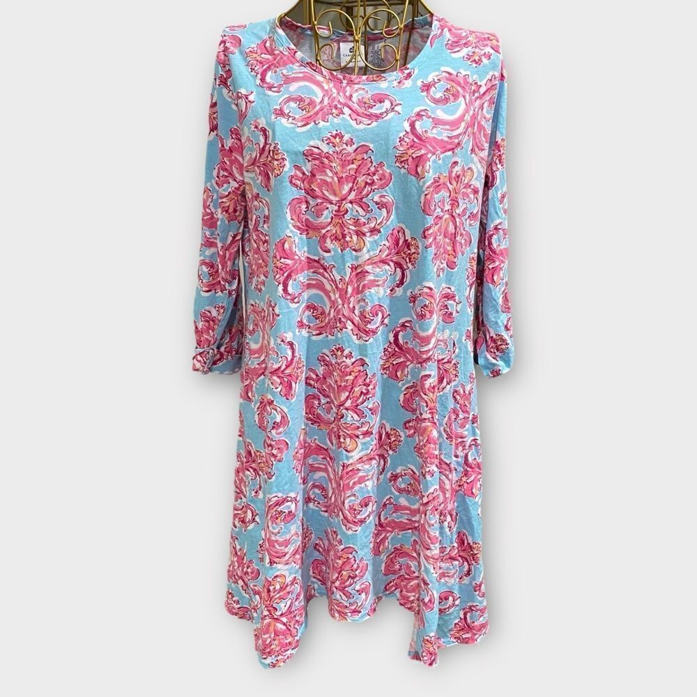 Caribbean Joe Teal Blue Pink Floral Asymmetric Dress Large